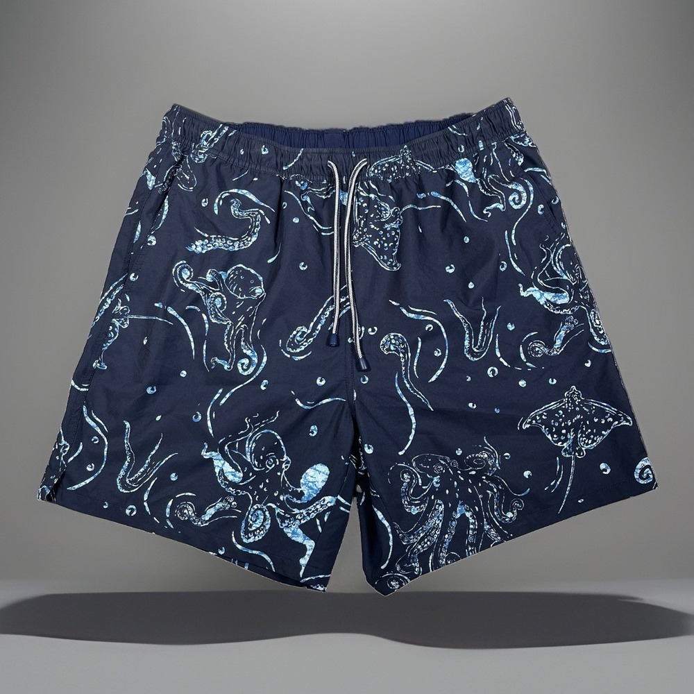 Peter Millar Crown Swim Trunks Mens Large Navy Blue Octopus Stingray 7" Inseam